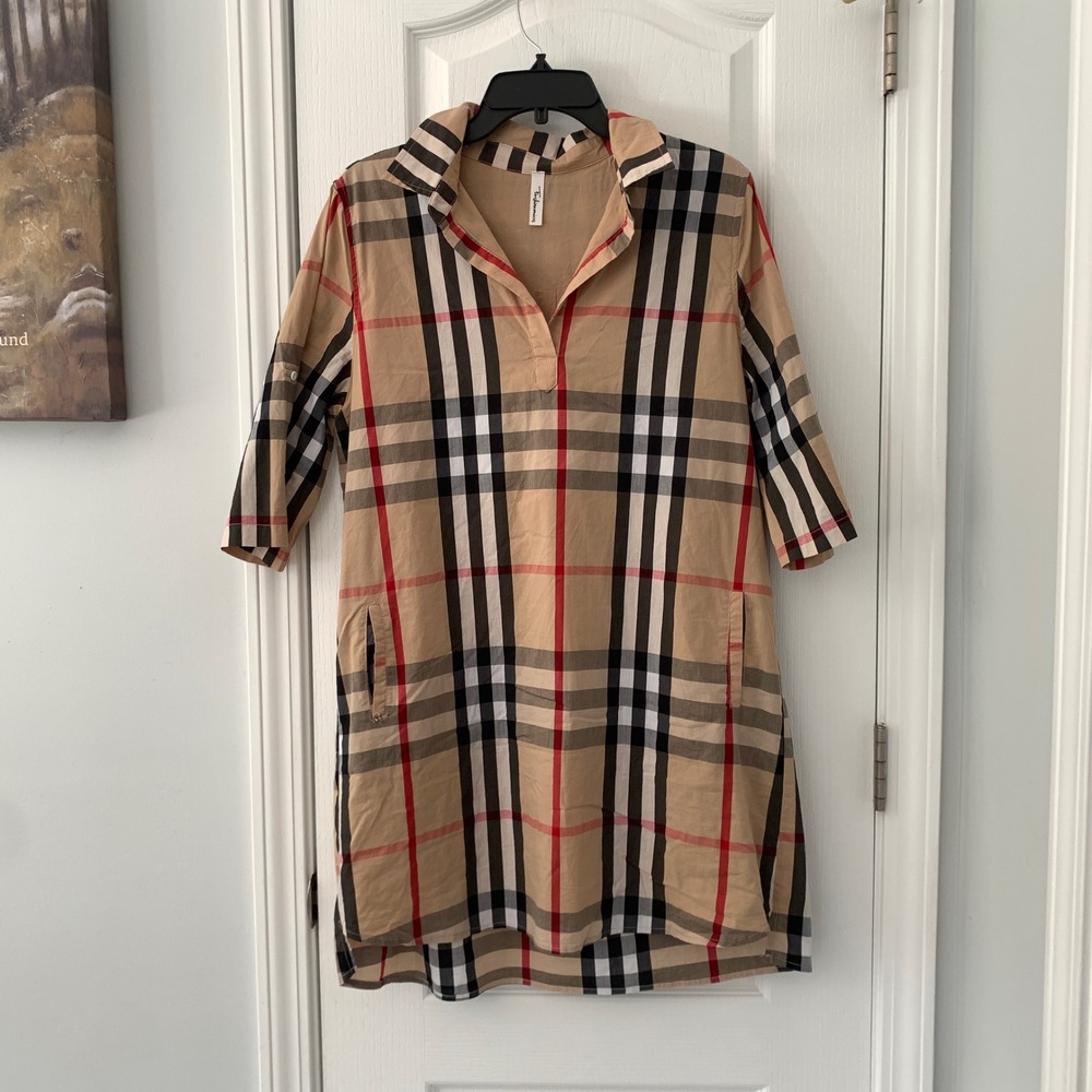 Fashionomics Plaid Tunic Shirt Dress‎ Tan Check V-Neck Pockets Womens Sz M